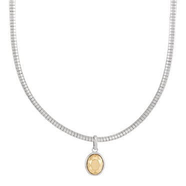 Faceted Oval Charm on Omega Chain Necklace in Silver and 14K Yellow Gold