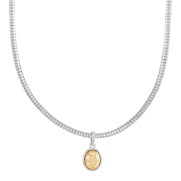 Faceted Oval Charm on Omega Chain Necklace in Silver and 14K Yellow Gold