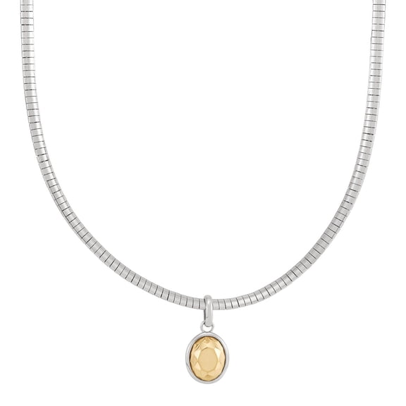 Faceted Oval Charm on Omega Chain Necklace in Silver and 14K Yellow Gold