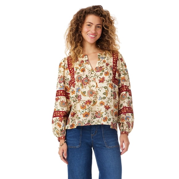 BILA Women's Printed Pintuck Long Sleeve Cotton Top