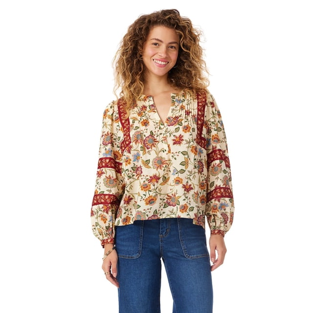 BILA Women's Printed Pintuck Long Sleeve Cotton Top