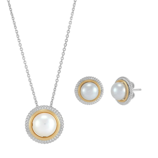 Freshwater Cultured 8-9.5mm Halo Pendant Necklace & Stud Earring Set in 14K Gold & Sterling Silver