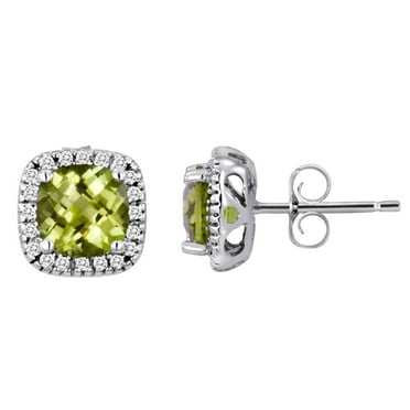 Cushion Cut Gemstone and 0.15 CT. T.W. Halo Diamond Stud Earrings in 14K Gold