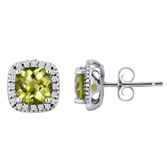 Cushion Cut Gemstone and 0.15 CT. T.W. Halo Diamond Stud Earrings in 14K Gold