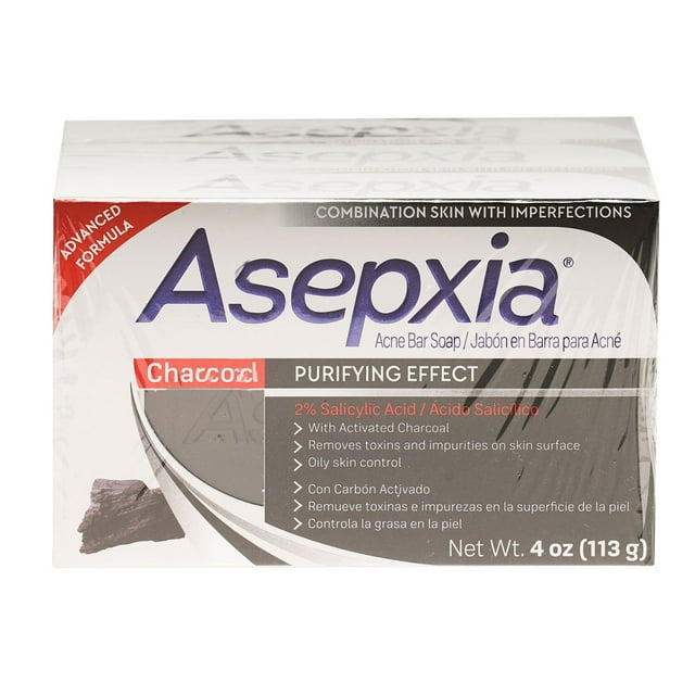 Asepxia with Activated Charcoal Purifying Effect Bar Soap, Acne Treatement, 2% Salicylic Acid, 4 oz., 3 pk.