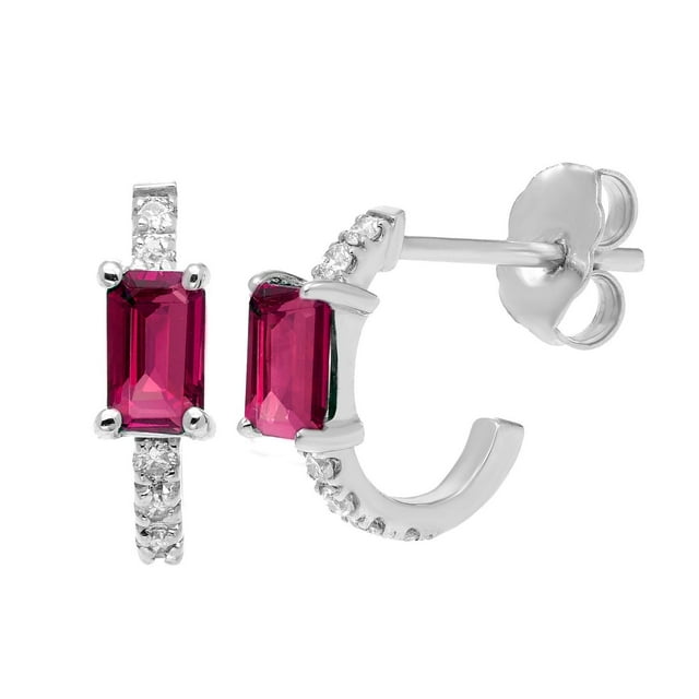 Emerald Cut Gemstone & 0.12 CT. TW Diamond Stud Earrings in 14K Gold