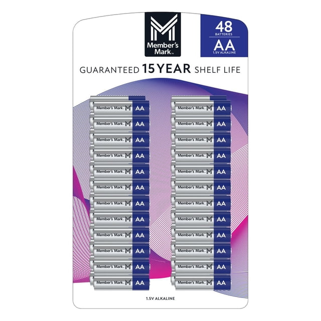 member's mark aa alkaline batteries, 48 pk. Front-facing retail blister pack with 48 AA cells in two vertical columns; silver battery bodies with blue end caps and Member's Mark logo, white header card labeled "48 AA" with wave graphic, purple-pink patterned card background, shown on white backdrop; suitable for remotes, toys, flashlights and emergency kits and often used for spare household power storage.