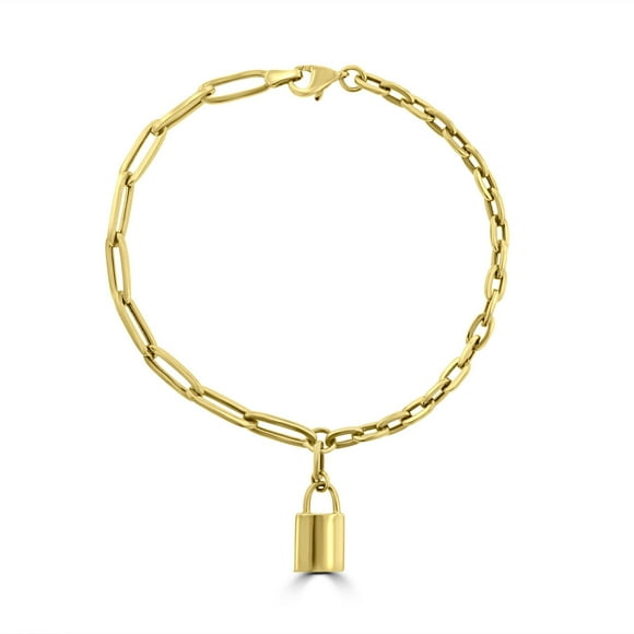 Paperclip & Cable Chain Bracelet with Padlock Charm in 14K Gold