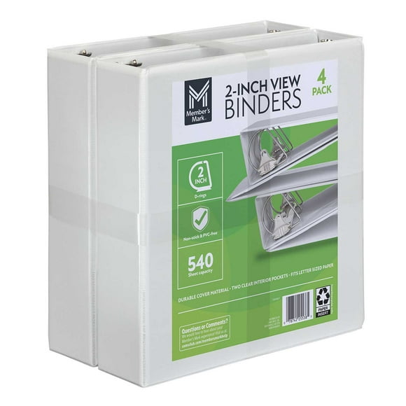 Member's Mark 2" D-Ring View Binder, White 4 pk.
