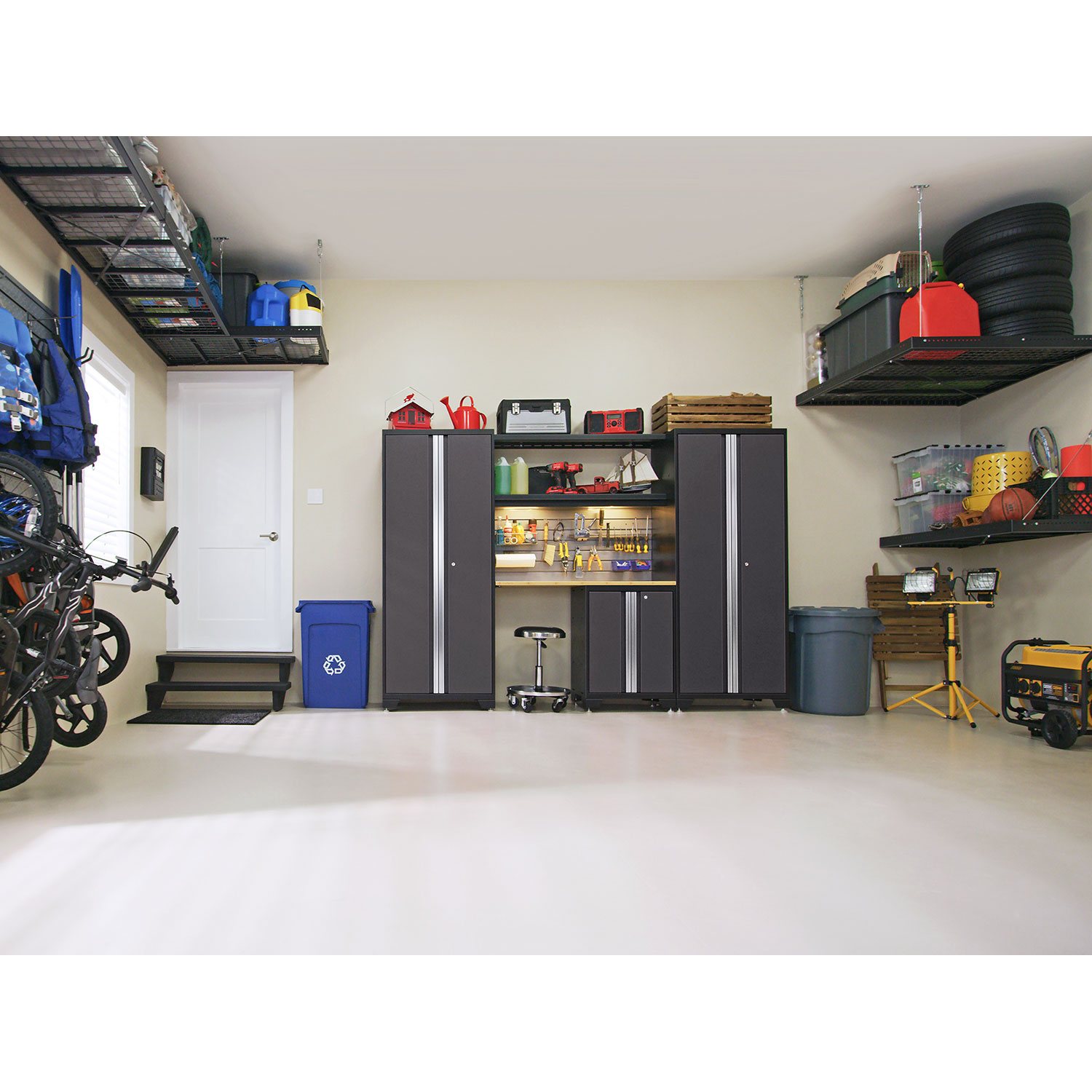 Garage cabinet system used in a clean organized garage