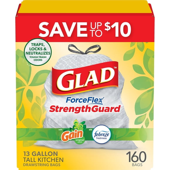 GladĀ® ForceFlex Tall Kitchen Drawstring Trash Bags, Gain Original scent with Febreze Freshness, 13 Gallon, 160 ct.