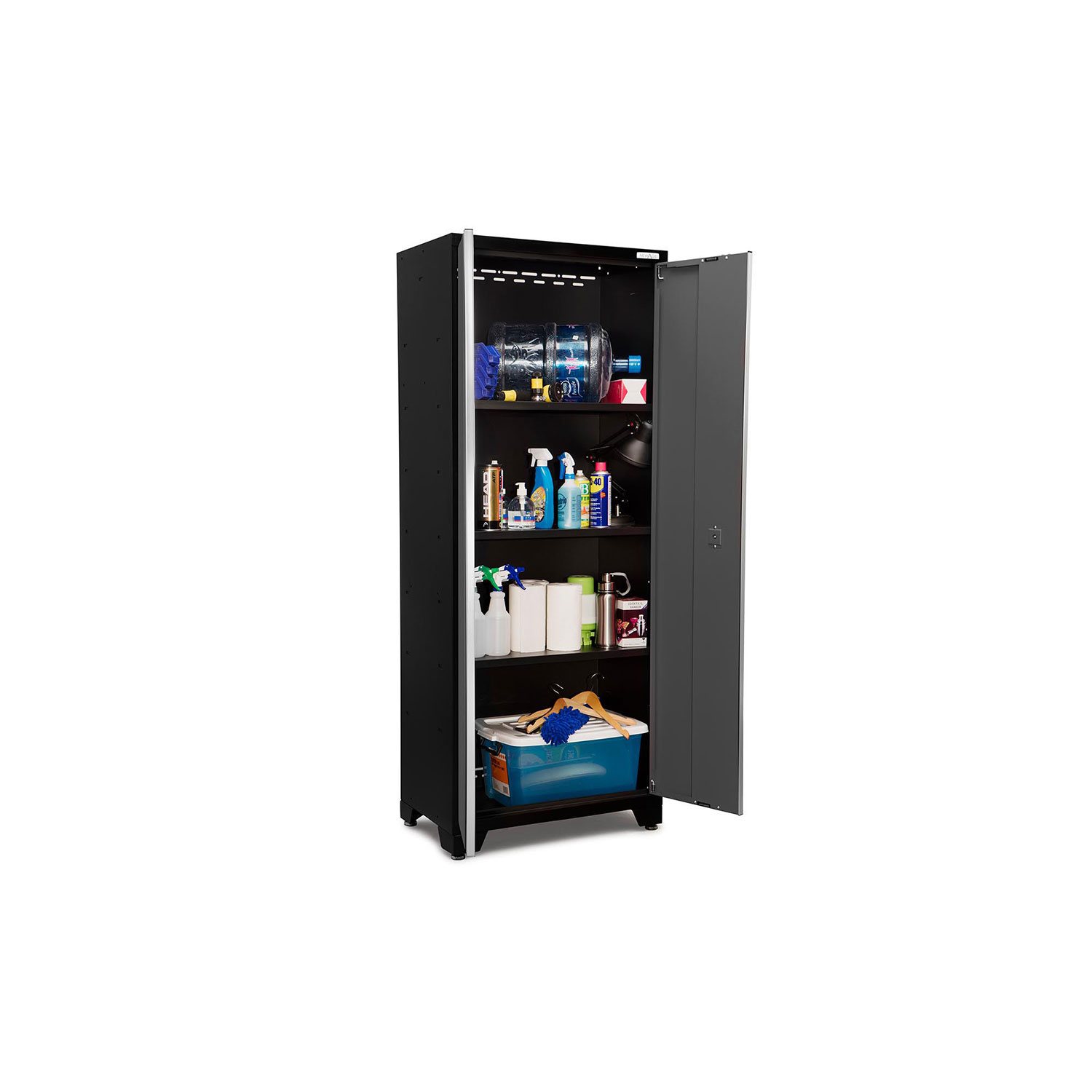 Open tall cabinet with shelves and cleaning supplies