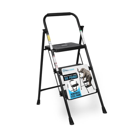 Simpli-Magic Black 2 or 3 Step Folding Ladder Options, ANSI Type III Certified, Lightweight Steel Step Stool with Anti-Slip Wide Steps and Padded Handrail for Kitchen, Closet, Office, Garage
