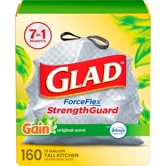 Glad® ForceFlex Tall Kitchen Drawstring Trash Bags, Gain Original scent with Febreze Freshness, 13 Gallon, 160 ct.
