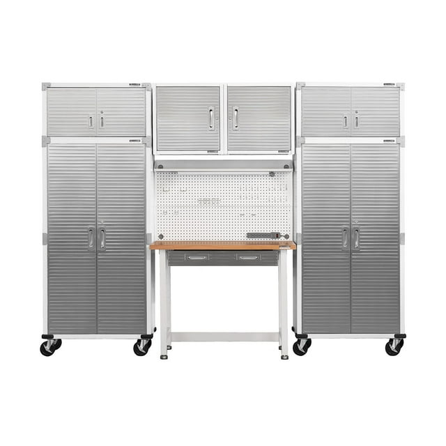 Seville Classics UltraHD 7-Piece Steel Garage Cabinet Storage Set With Pegboard Workbench, 10' Wide