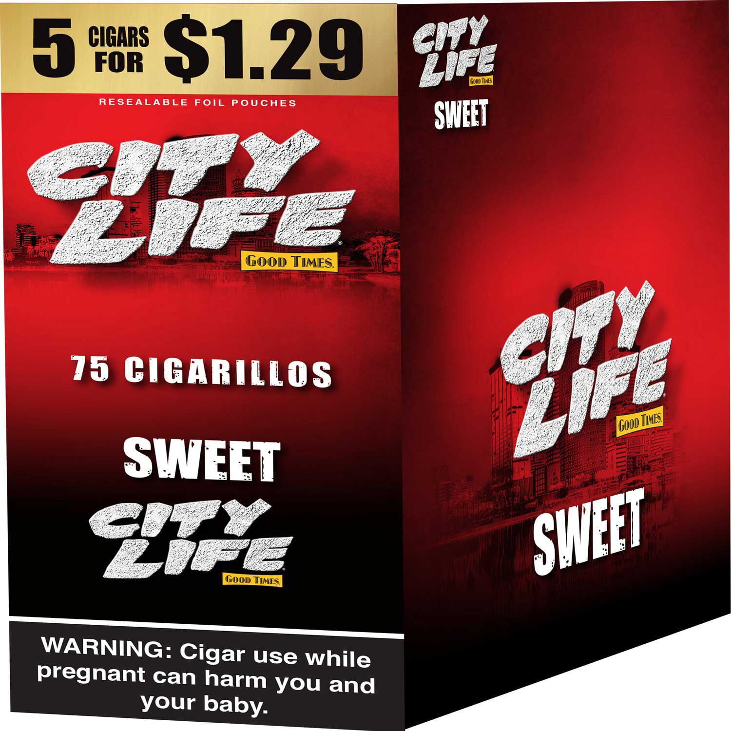 City Life Cigarillo Foil Pouch, Sweet Pre-Priced $1.29 for 5 cigars, 15  pack