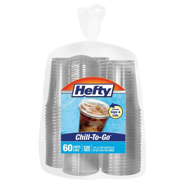 Hefty Chill-To-Go Clear Plastic Cups with Sip Lids, 18 oz., 60 ct.
