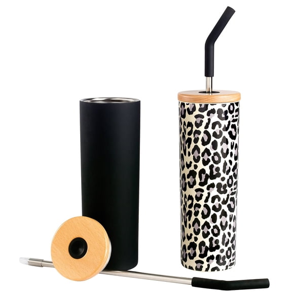 Member's Mark 24-oz Stainless Steel Insulated Tumblers With Wood Lids And Stainless Steel Straws, Assorted Colors 2 pk.