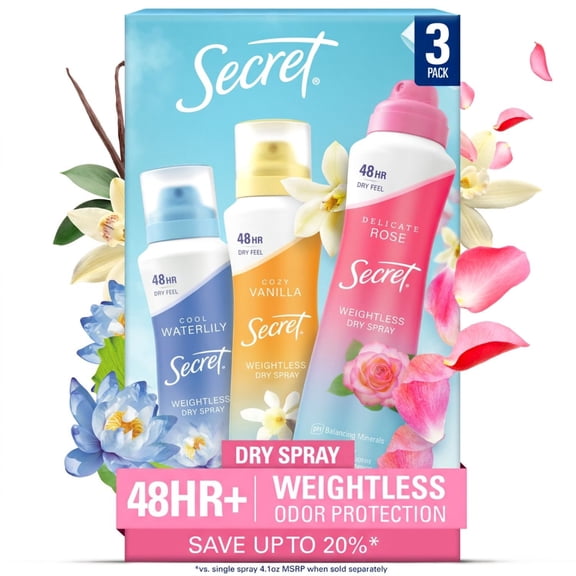 Secret Dry Spray Women's Antiperspirant Deodorant, Vanilla, Wild Rose & Waterlily, 4.1 oz., 3 pk.