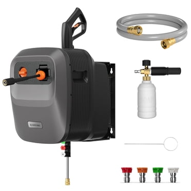 Giraffe Tools Wall-Mounted Retractable Pressure Washer, 1900 PSI Rated Pressure, with 65 ft Retractable Ordinary Hose, Black Silver