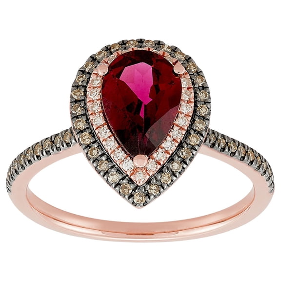 Pear Cut Rhodolite Garnet & 0.25 C.T.T.W. Halo Diamond Ring in 14K Gold