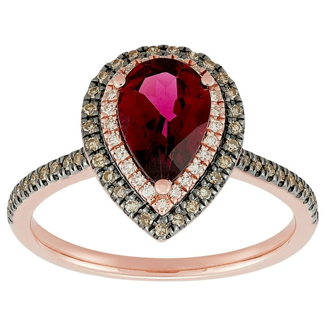 Pear Cut Rhodolite Garnet & 0.25 C.T.T.W. Halo Diamond Ring in 14K Gold