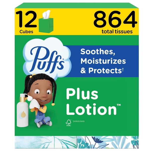 Puffs Plus Lotion 2-Ply Facial Tissues 12 Cube Boxes, 72 tissues