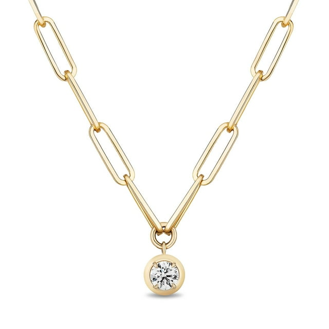 Round Cut Diamond Paperclip Necklace in 14K Gold