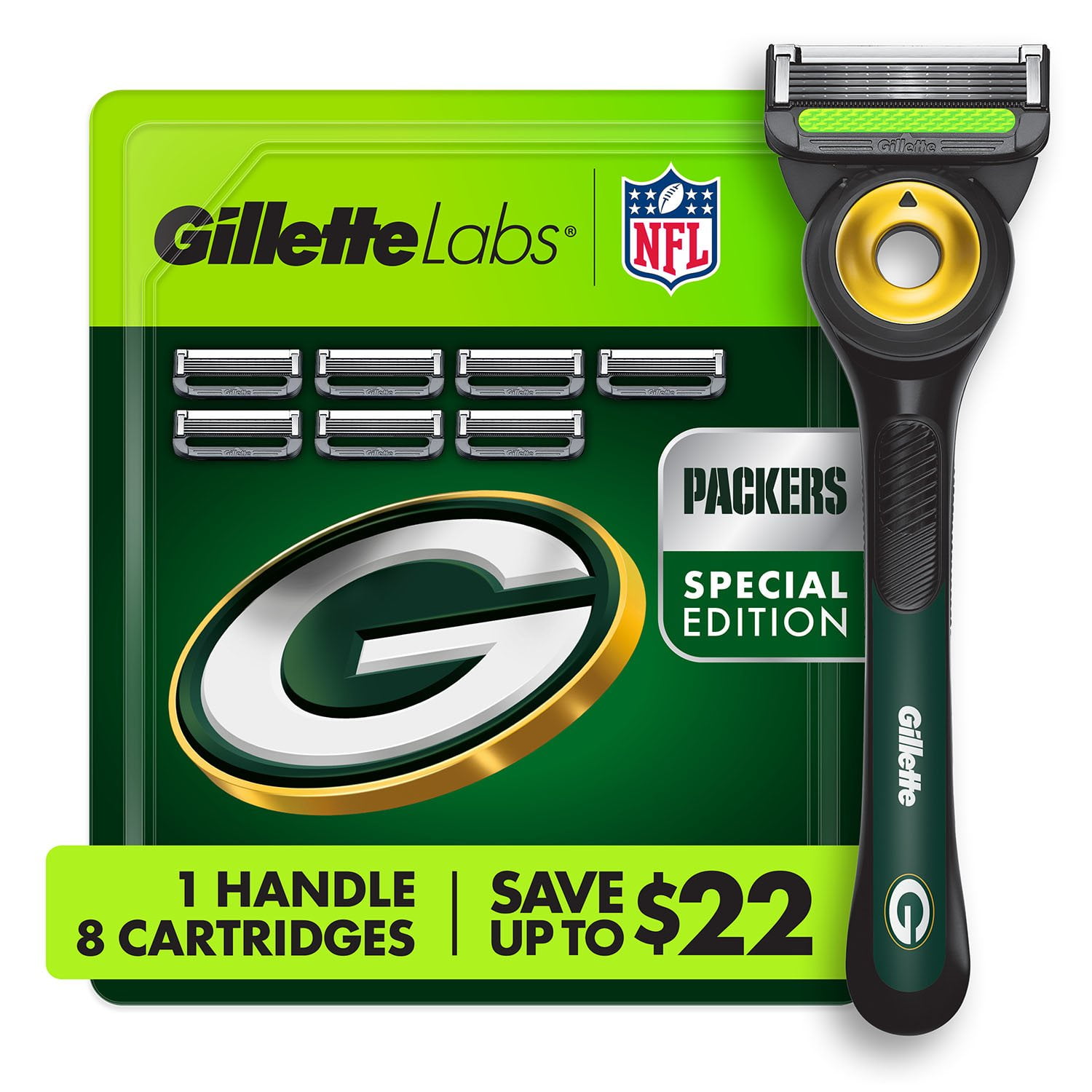 Gillette Labs NFL Green Bay Packers Men's Razor, Handle + 8