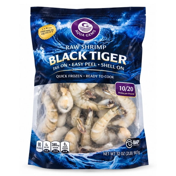 Aqua Gems Raw Black Tiger EZ Peel Shrimp, 10-20 ct. per pound, 2 lbs.