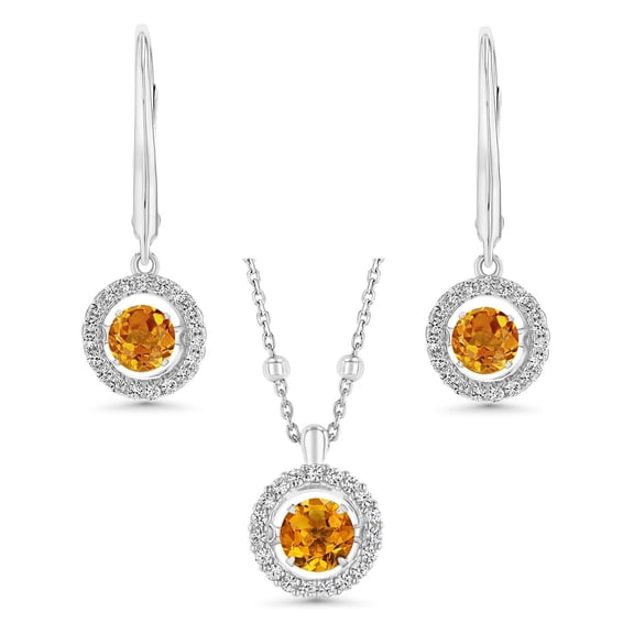 Round Cut Lab Created Gemstone Dancing Pendant & Earring Set in Sterling Silver