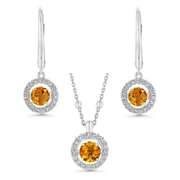 Round Cut Lab Created Gemstone Dancing Pendant & Earring Set in Sterling Silver