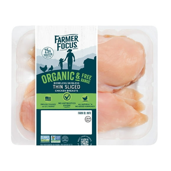 Farmer Focus Organic Thin Sliced Boneless Skinless Chicken Breast, priced per pound