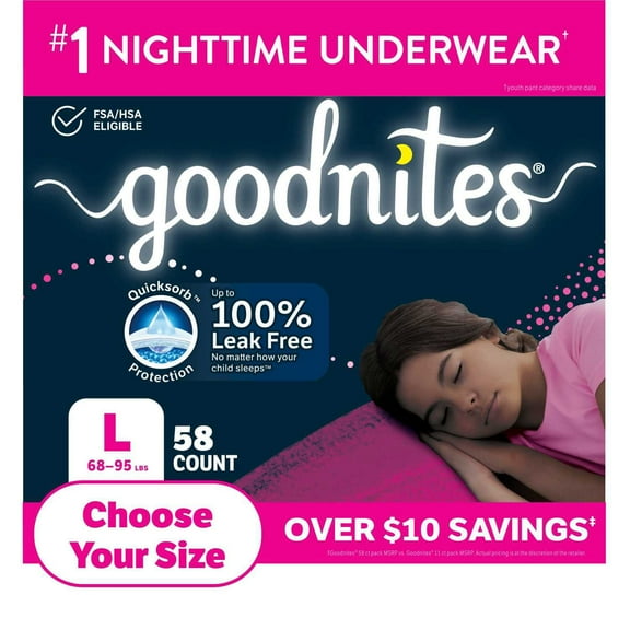 Goodnites Nighttime Bedwetting Underwear for Girls, Sizes Extra Small - Extra Extra Large