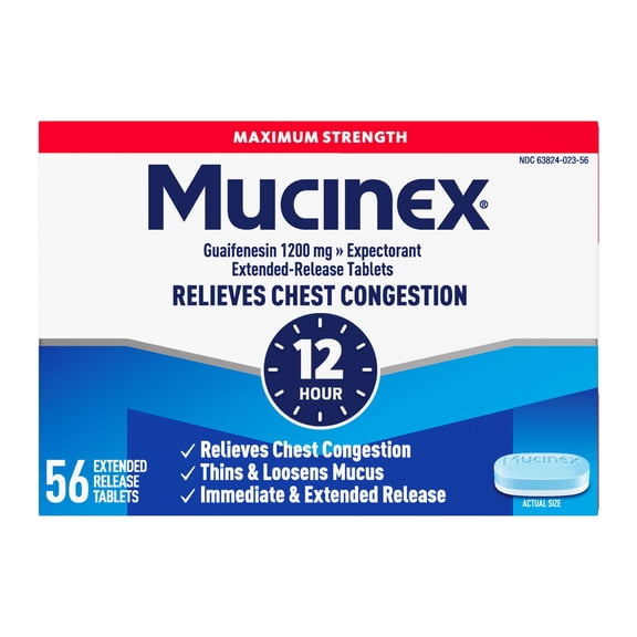 Mucinex 12-Hour Maximum Strength Chest Congestion Expectorant Tablets, 1200 mg Guaifenesin 56 ct.