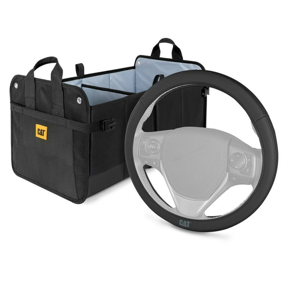 CAT® FlexTrunk Car Trunk Organizer & Cat® 14.5" - 15.5" Steering Wheel Cover - Heavy Duty, Universal Fit