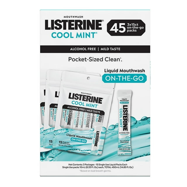 Listerine On-The-Go Cool Mint Mouthwash Sachets, Alcohol Free, 45 ct.