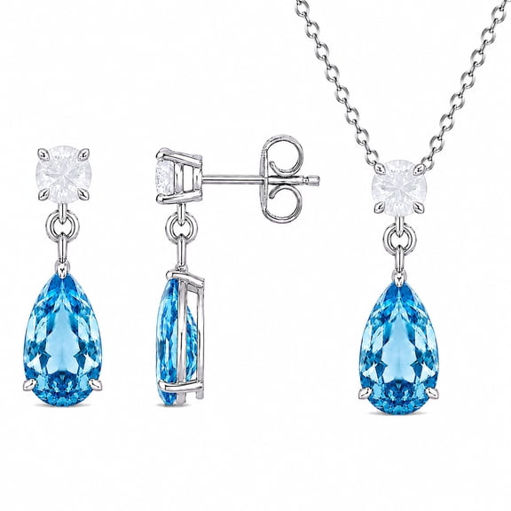 Round and Pear Cut Gemstone Pendant and Earring Set in Sterling Silver