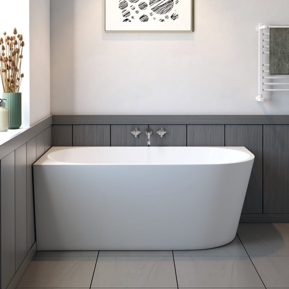 Left or Right Corner Freestanding Bath Tub and Shower Finnley 59‑in Acrylic Soaking Bathtub in White High‑Gloss