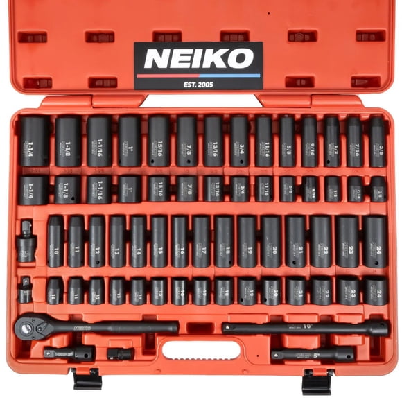Neiko 1/2" Drive Impact Socket Set, 65-Piece Metric & SAE