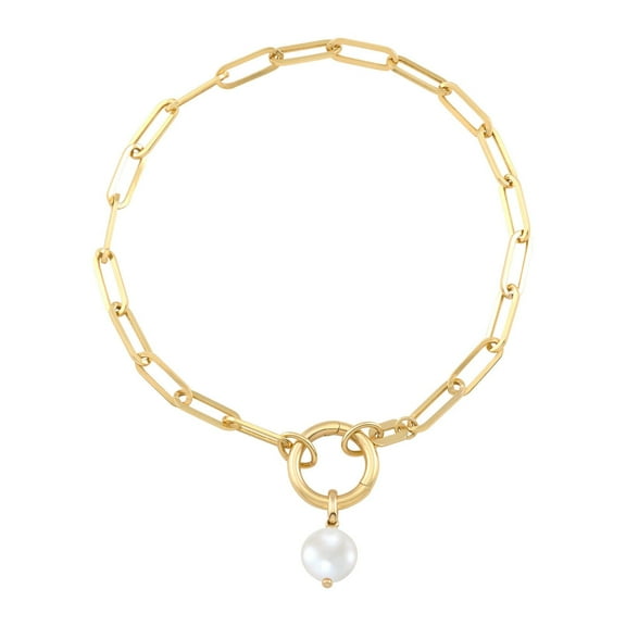 Freshwater Cultured Pearl Charm Paperclip Bracelet in 14K Gold