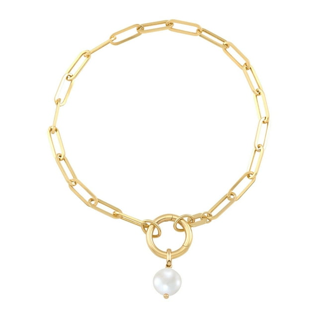 Freshwater Cultured Pearl Charm Paperclip Bracelet in 14K Gold
