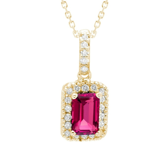 Emerald Cut Lab Created Gemstone & Diamond Halo Pendant Necklace in 14K Gold