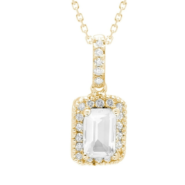 Emerald Cut Lab Created Gemstone & Diamond Halo Pendant Necklace in 14K Gold