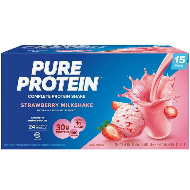Pure Protein 30g Complete Protein Shakes, Strawberry Milkshake (11 fl. oz.,15 ct.)