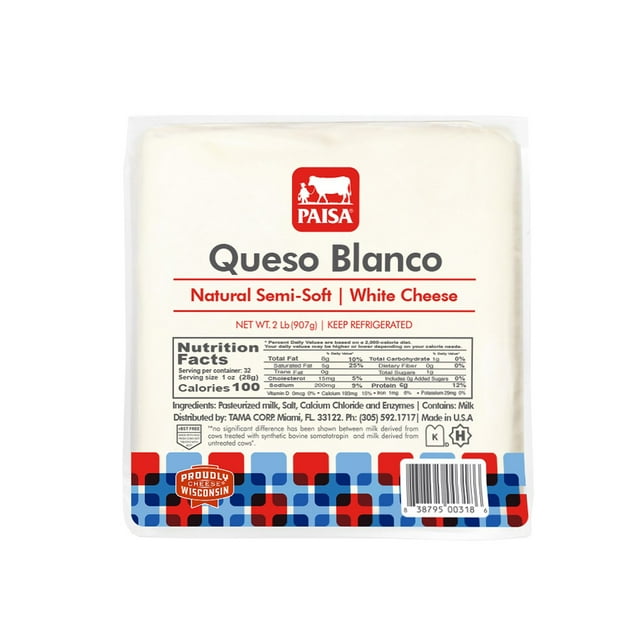 PAISA Queso Blanco Natural Semi-Soft White Cheese, 2 lbs.