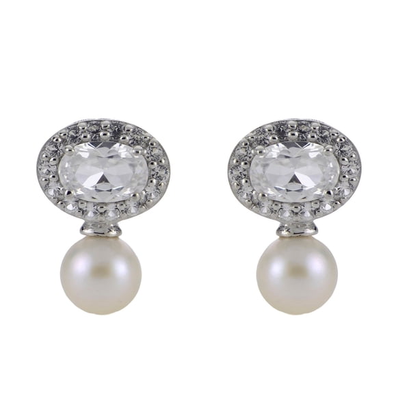 5.5-6mm White Cultured Freshwater Pearl, Aquamarine and Lab Created White Sapphire Earrings in Sterling Silver