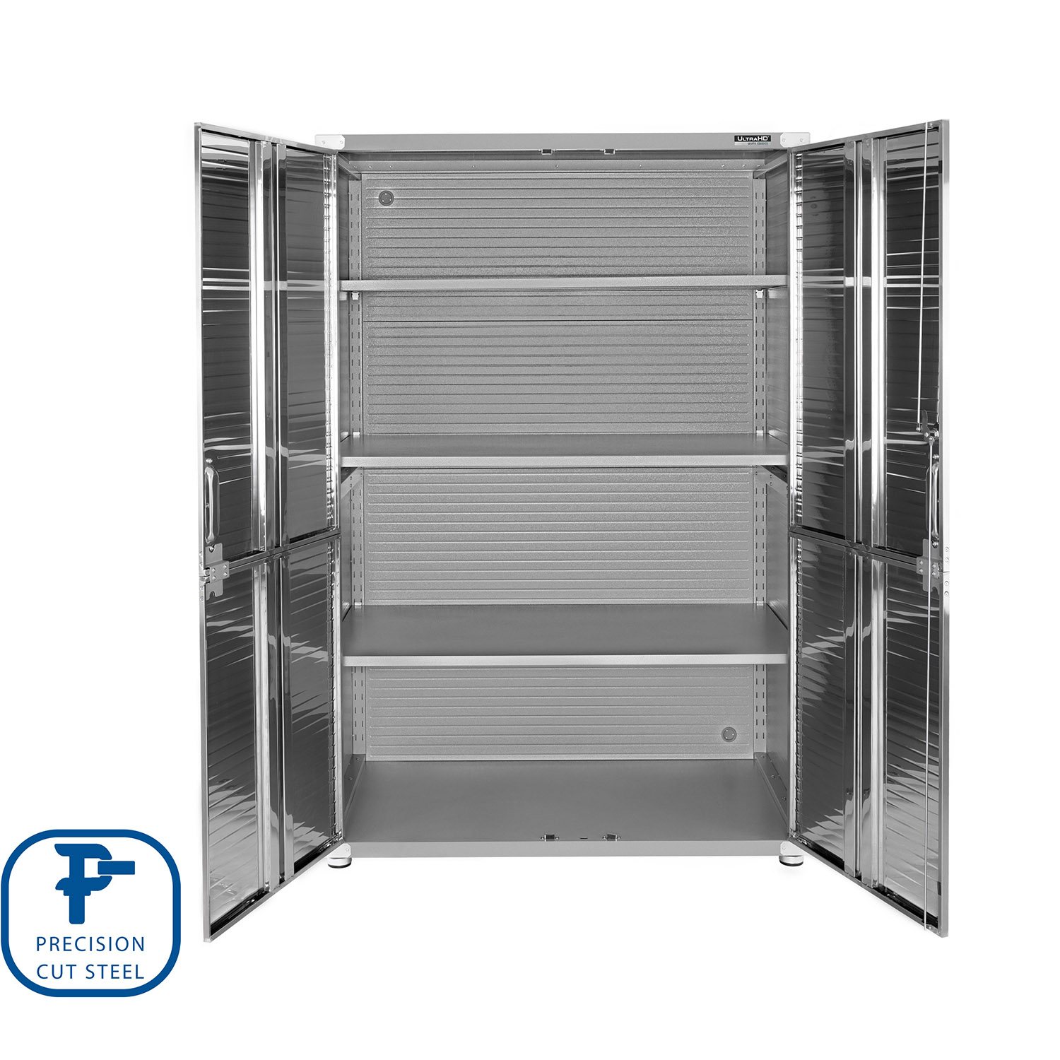 Interior view of the storage cabinet showing adjustable shelves.