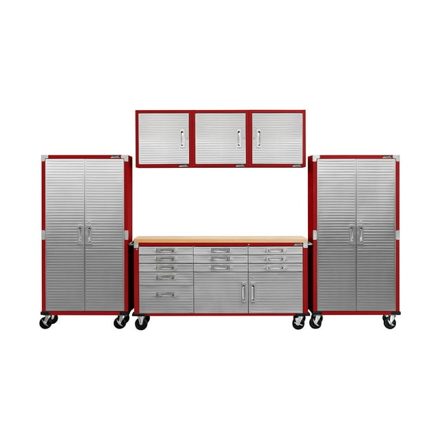 Seville Classics UltraHD 6-Piece Steel Garage Cabinet Storage Set With Rolling Workbench, 12' Wide