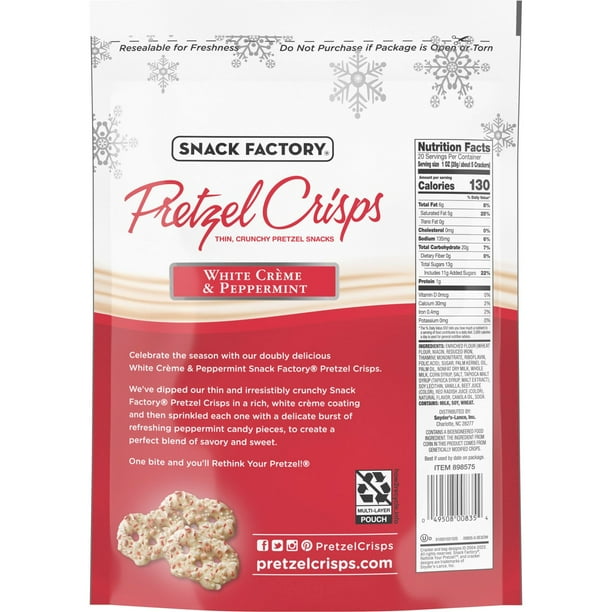 Snack Factory, Holiday White Crème & Peppermint Covered Pretzels